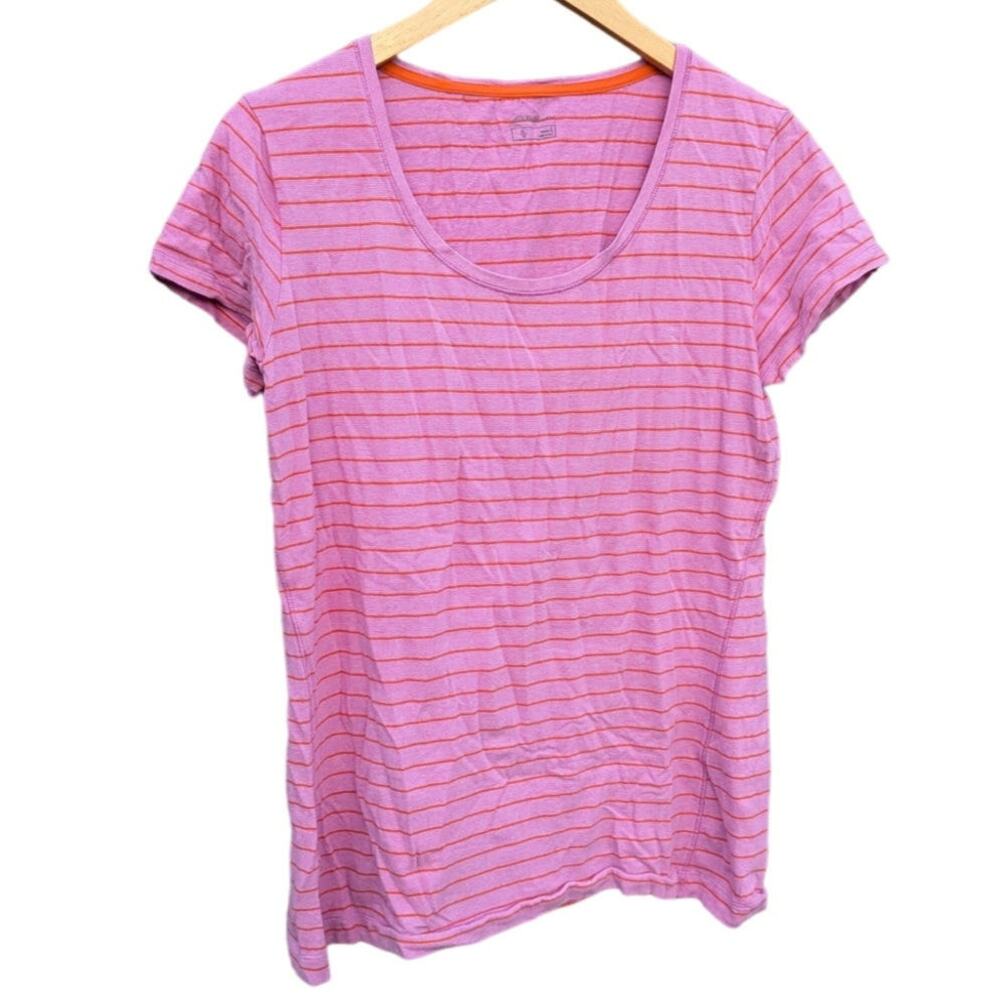 Outdoorsy Camping Summer Eddie Bauer Pink Striped Short Sleeve Crew Neck Shirt L